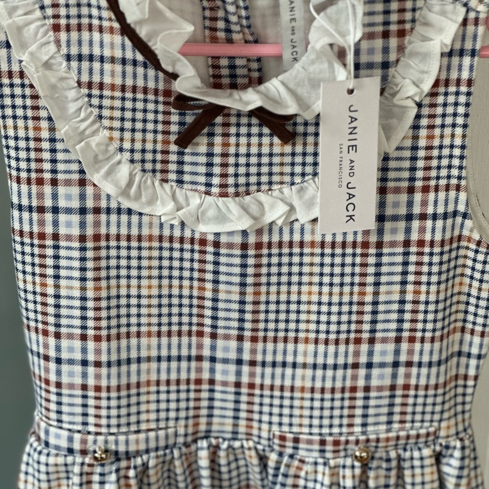 Janie and Jack Plaid Ruffle Collar Dress in Navy, Brown, Cream